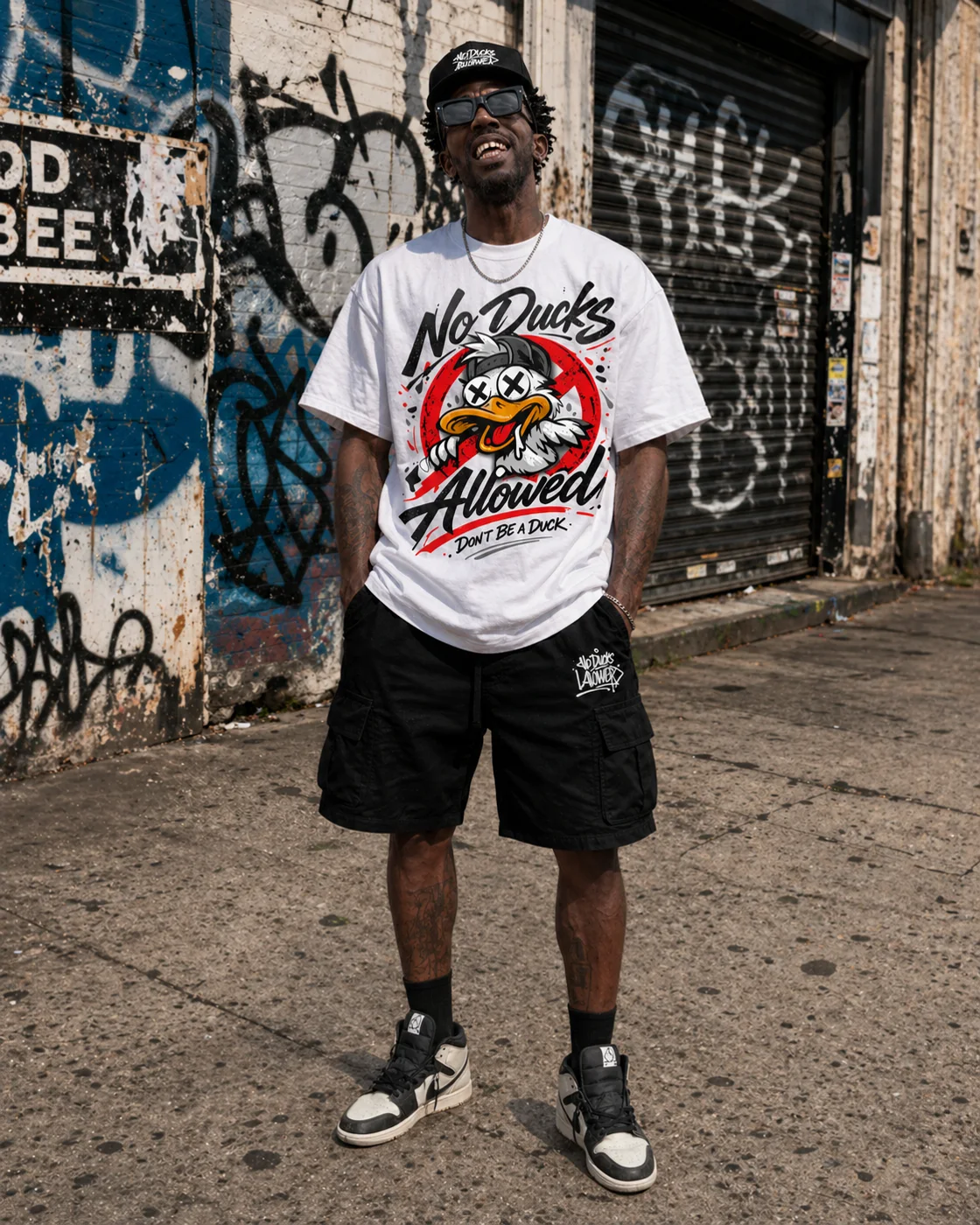 Model in a Dead Duck tee against a graffiti wall
